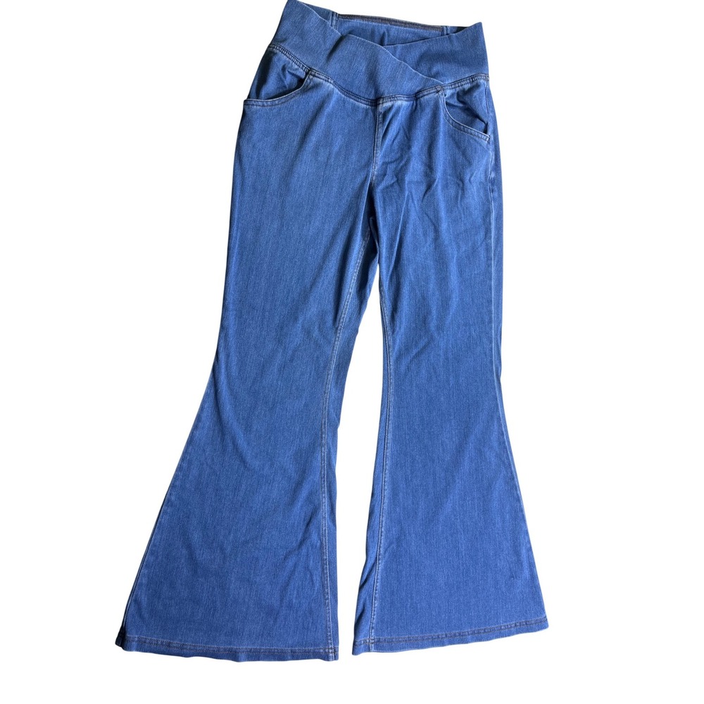 Halara Medium Petite‎ Blue Denim Print Flare Yoga Pants Stretch Pull On Leggings